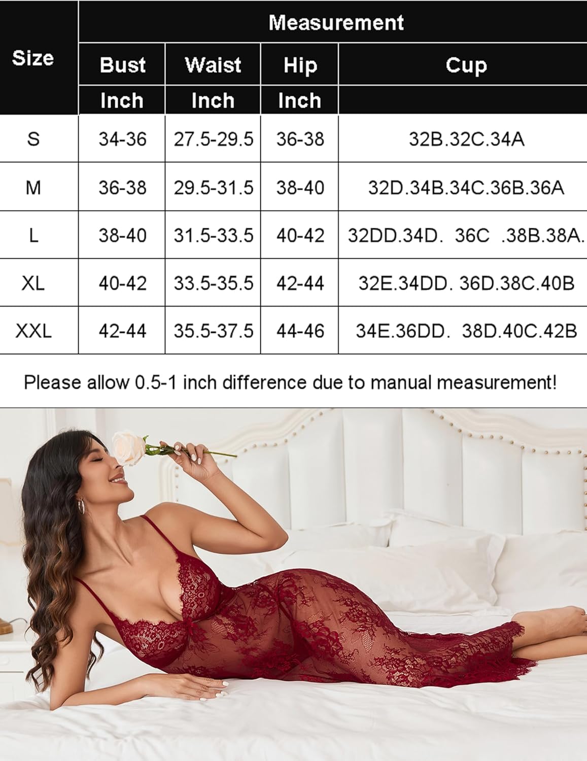 Burgundy lace halter lingerie dress, adjustable straps, size chart, for intimate moments.