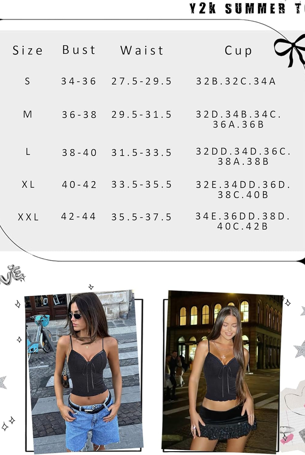 Y2K Summer Top size chart and lifestyle photos. Black lace tank top for women.