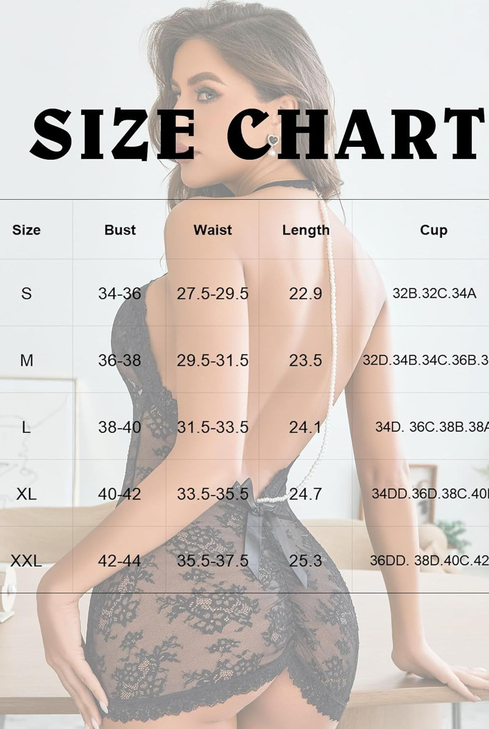 Size chart for black lace chemise halter dress, bust, waist, length, and cup measurements.