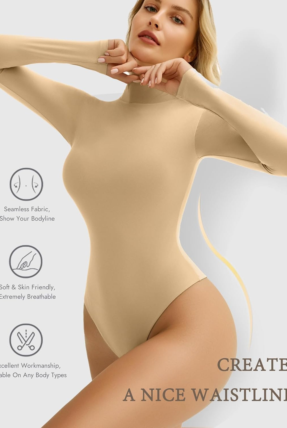 Beige high-neck bodysuit shapewear: seamless, breathable, flattering, creating a nice waistline.