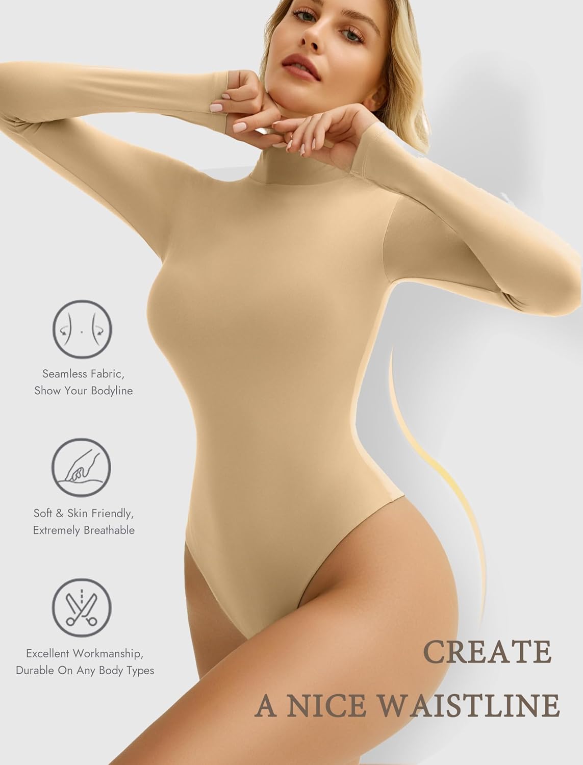 Beige high-neck bodysuit shapewear: seamless, breathable, flattering, creating a nice waistline.