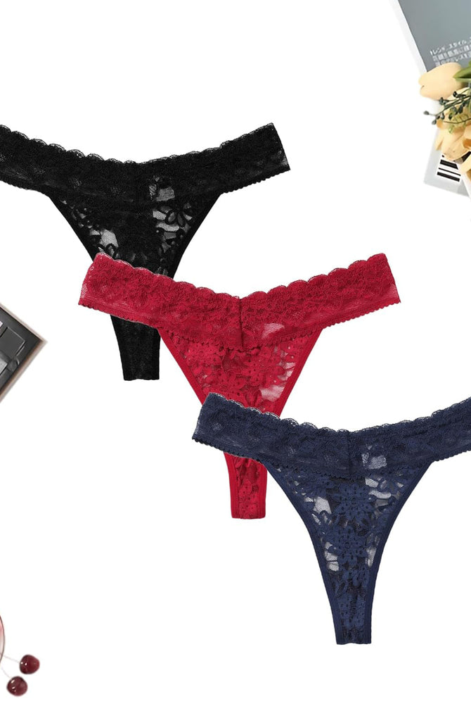 Lace Brazilian panties in black, red, and navy blue. Sexy lingerie with delicate lace.