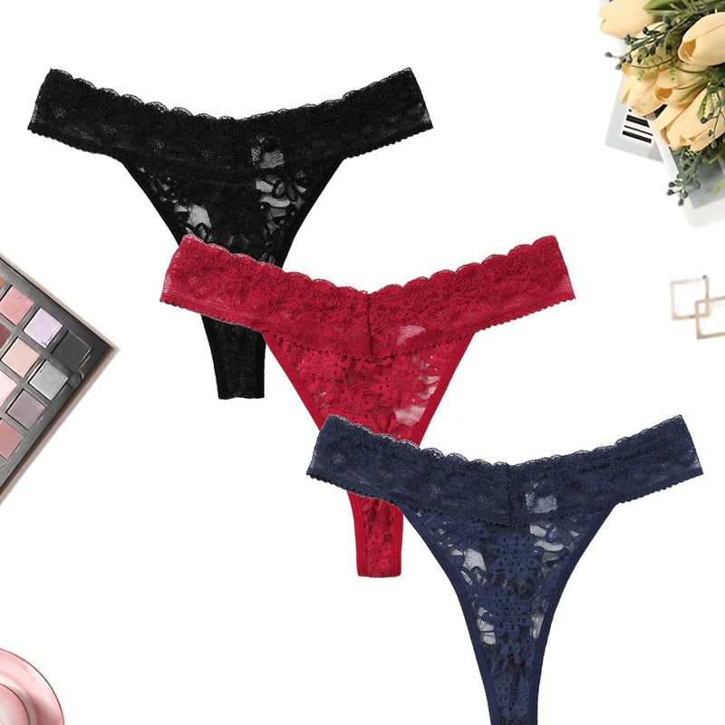 Lace Brazilian panties in black, red, and navy blue. Sexy lingerie with delicate lace.
