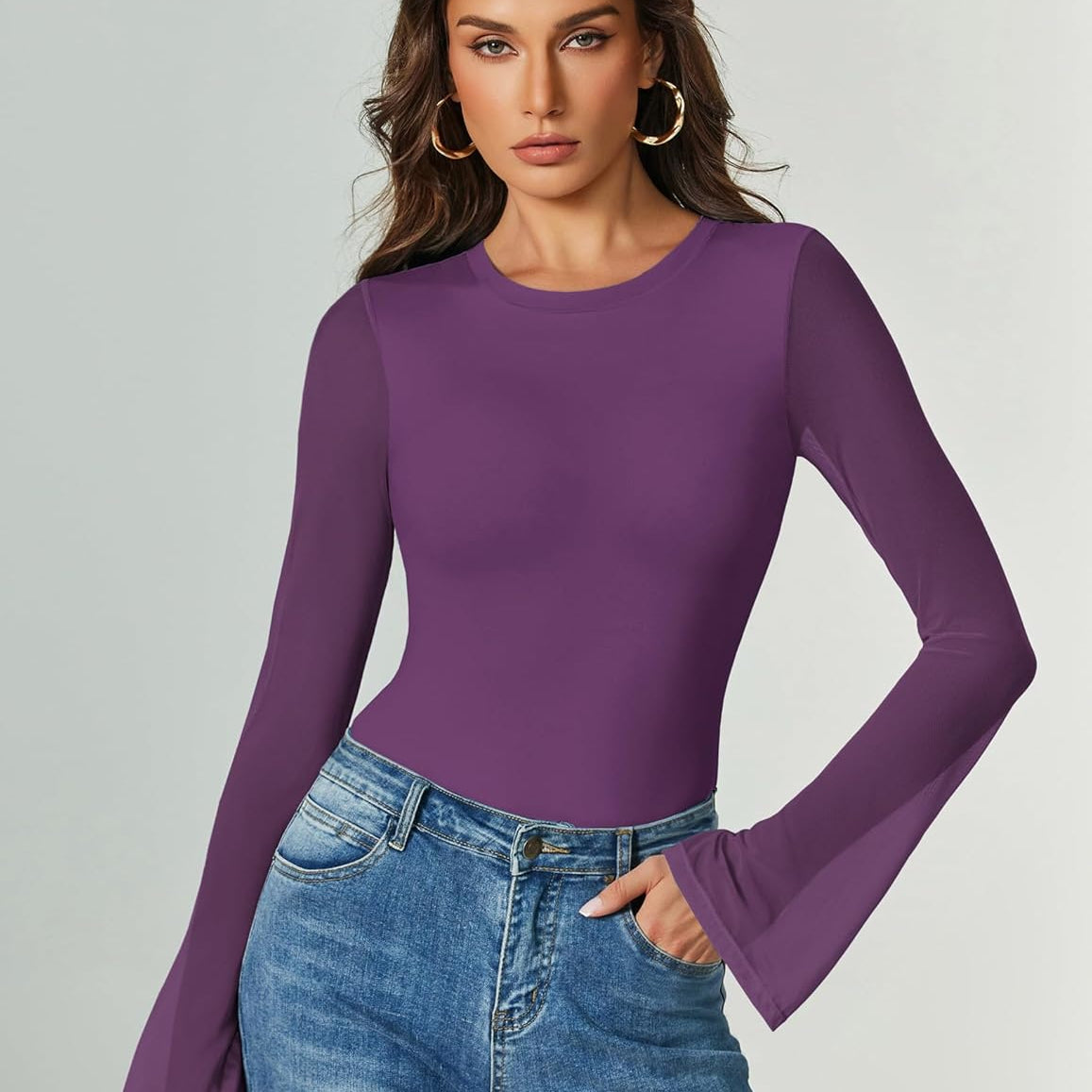 Bell Long Sleeve Bodysuits Mesh Leotard Tops