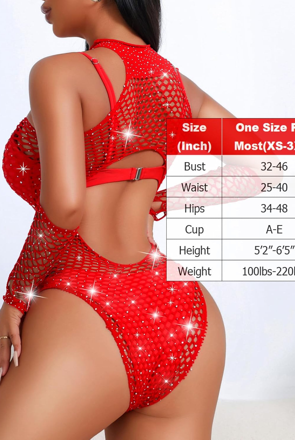 Red rhinestone fishnet bodysuit with size chart. Modern, sexy lingerie designed to enhance beauty.
