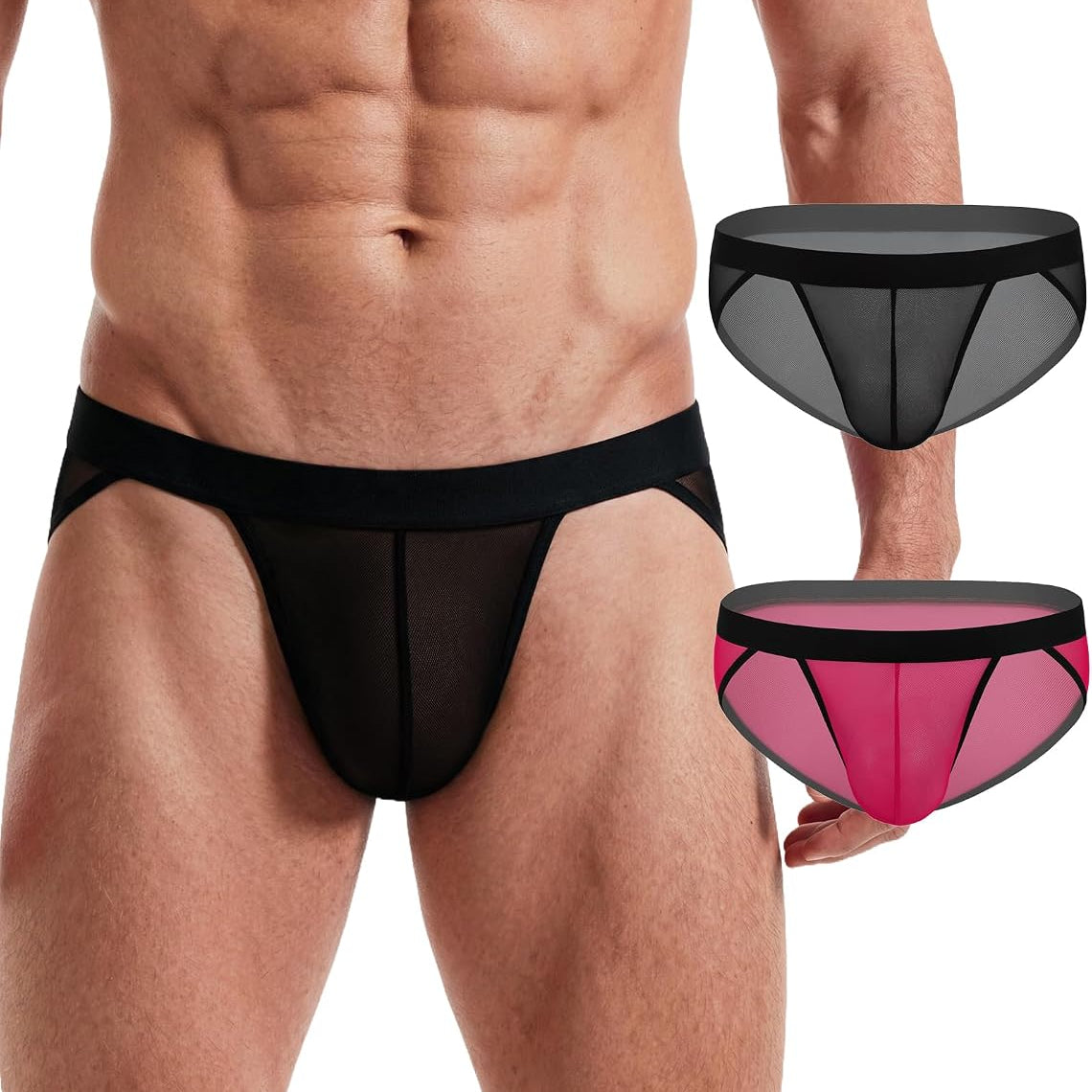 Men's sheer mesh contour pouch brief, black with magenta accents at waistband