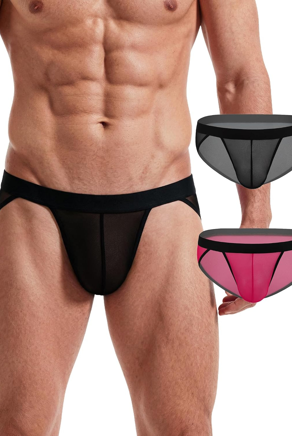 Men's sheer mesh contour pouch brief, black with magenta accents at waistband