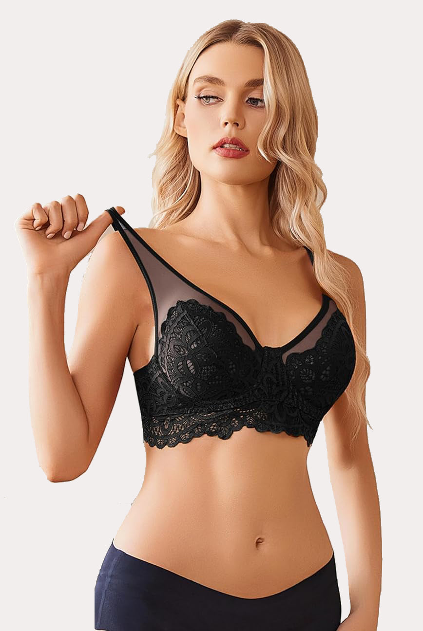Black lace bralette with adjustable straps and floral design, full coverage bra