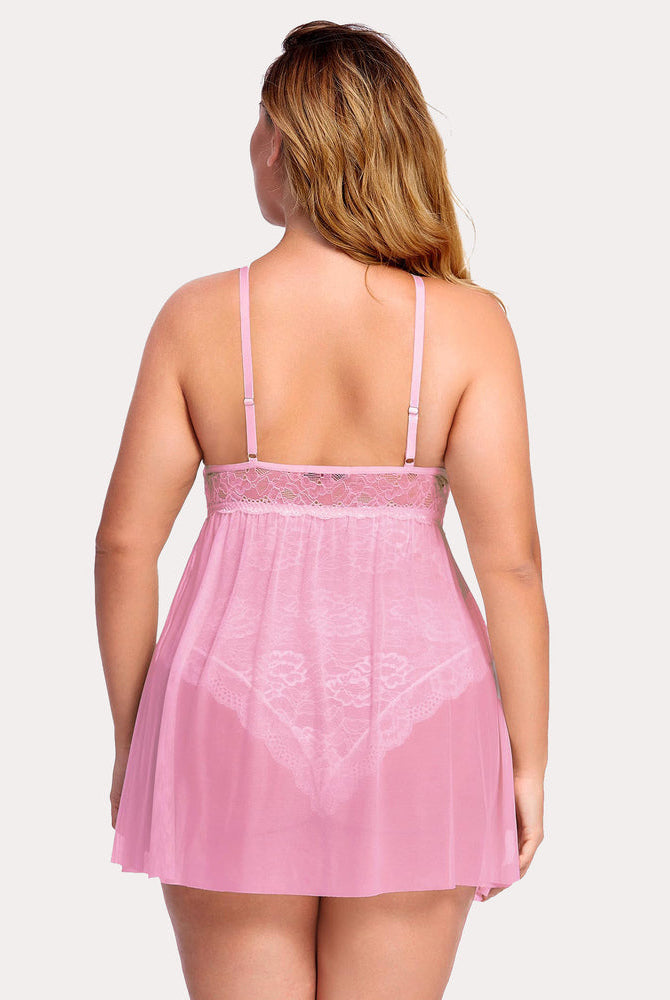 Plus Size Pink Lace Nighty with Adjustable Straps and Thong Back