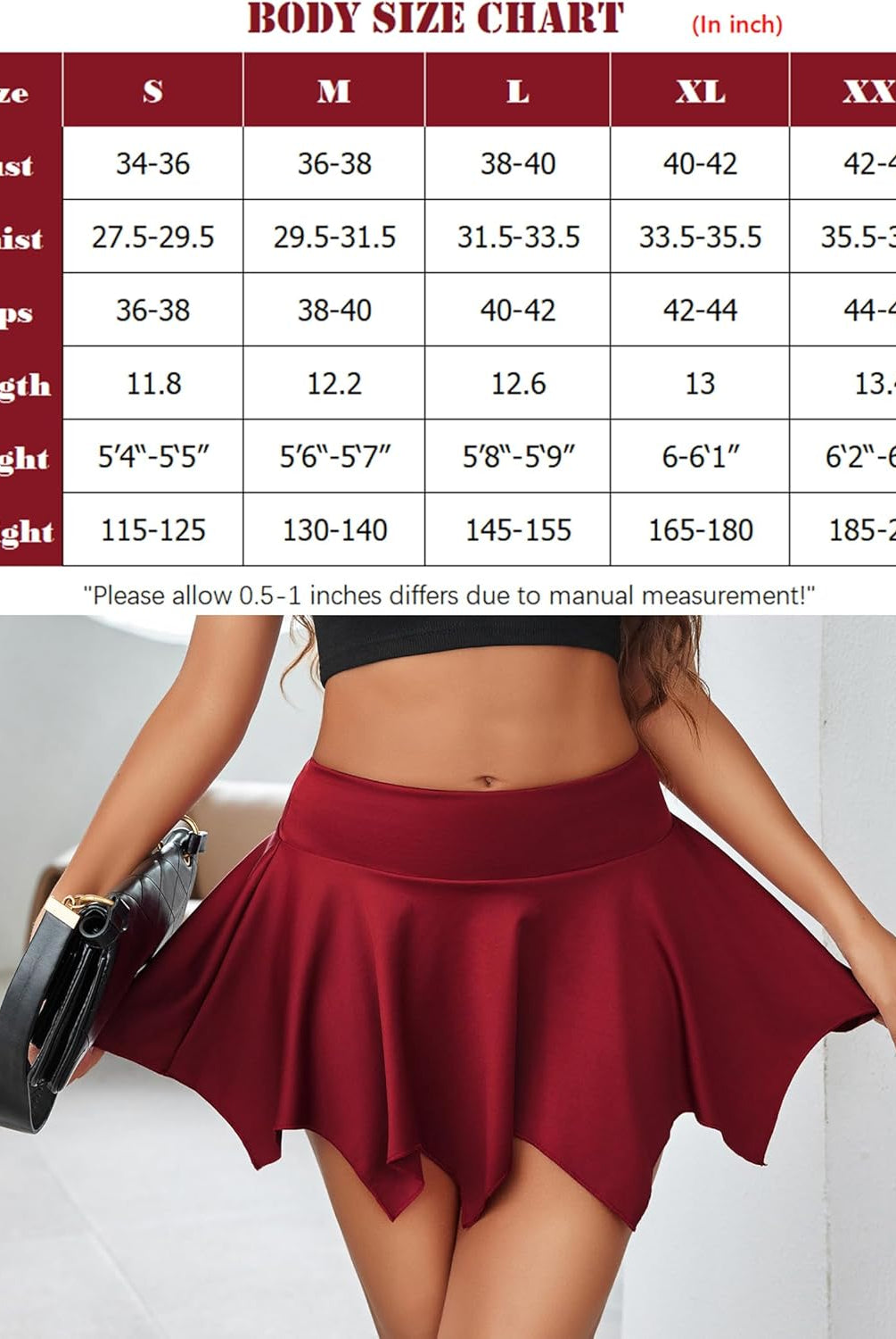 Irregular cut burgundy A-line mini skirt, body size chart for Women. Stretchy fabric, daily wear.