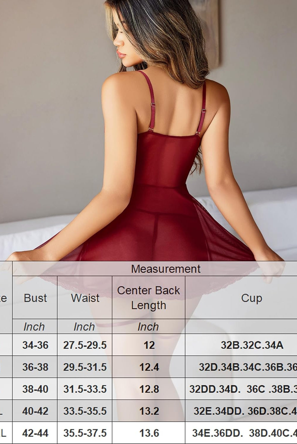 Burgundy mesh babydoll lingerie with lace trim, adjustable straps, and size chart