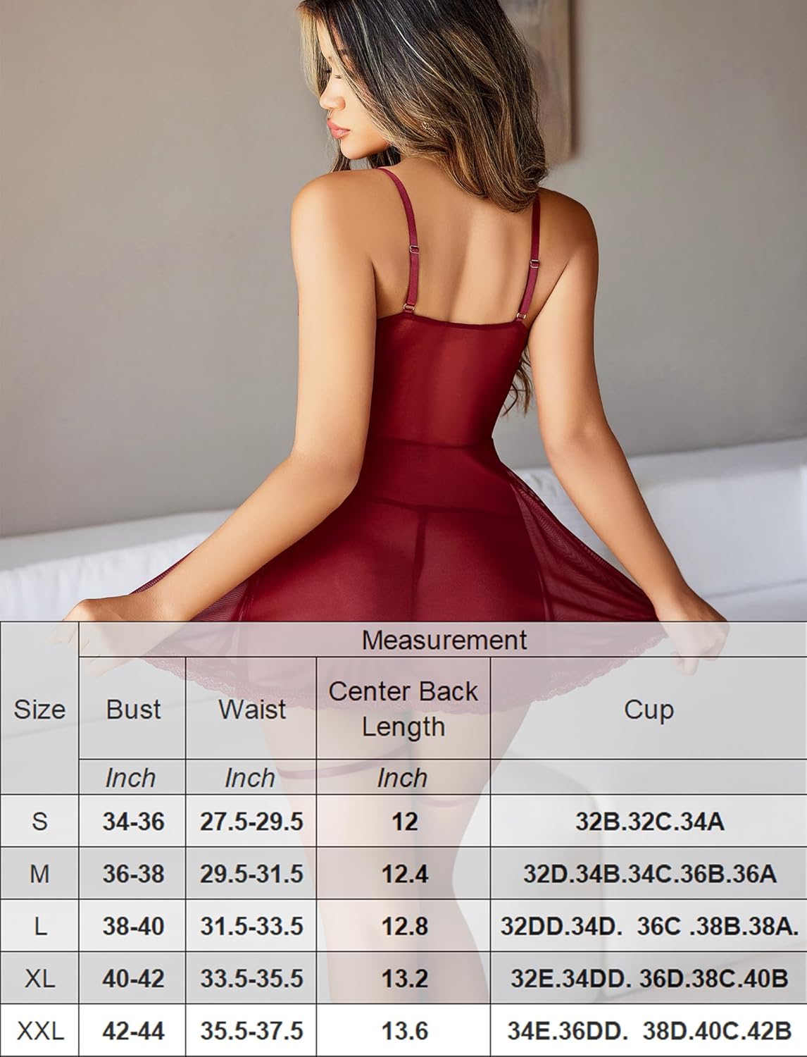Burgundy mesh babydoll lingerie with lace trim, adjustable straps, and size chart