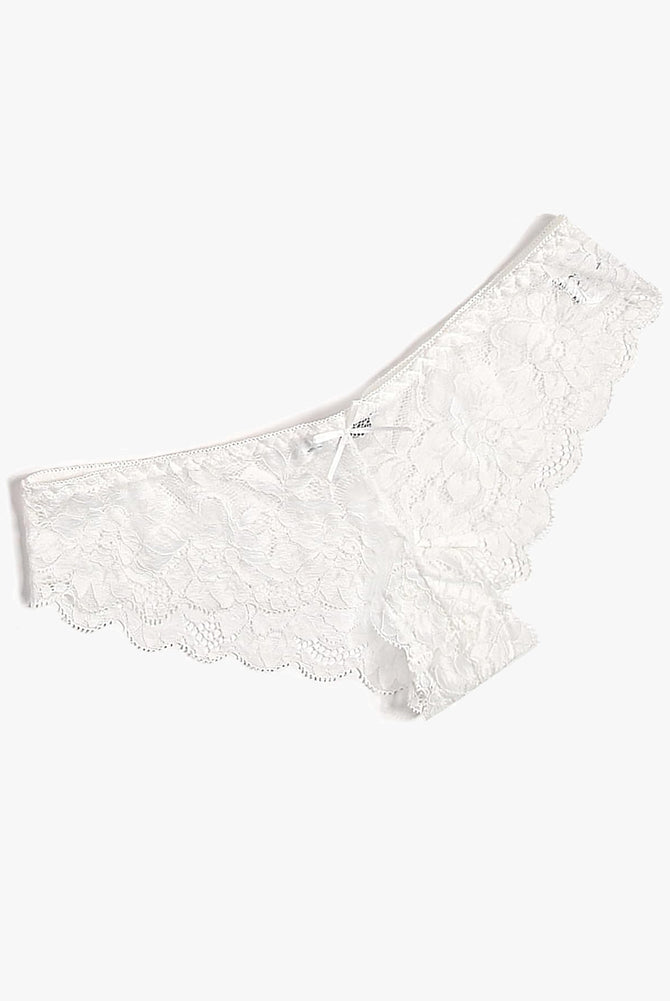 White floral lace hipster panties with bow detail. Sheer, comfortable and stylish lingerie.