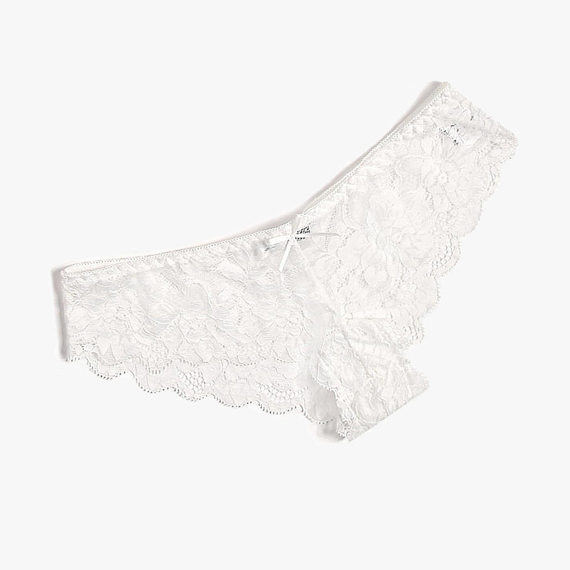 White floral lace hipster panties with bow detail. Sheer, comfortable and stylish lingerie.