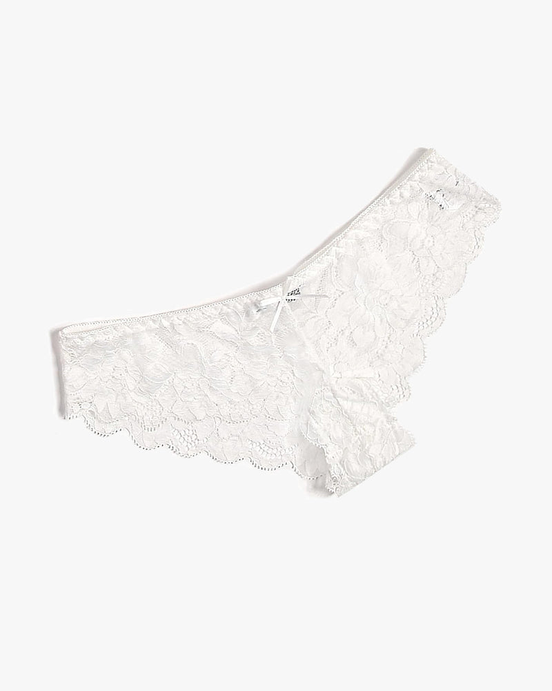 White floral lace hipster panties with bow detail. Sheer, comfortable and stylish lingerie.