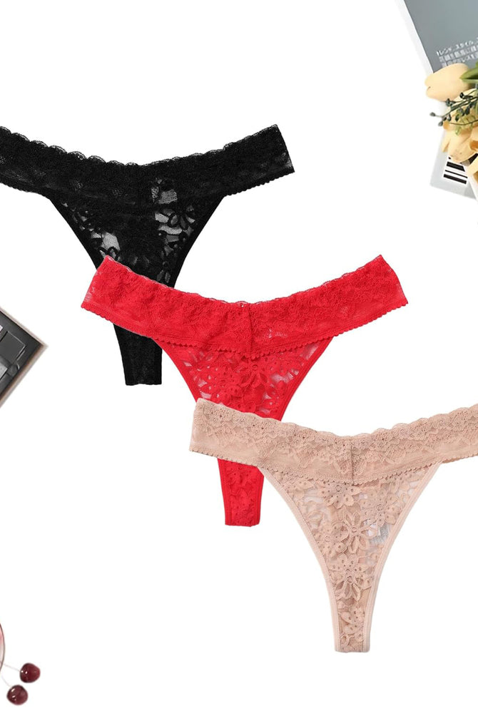 Lace low waist Brazilian panties set in black, red, and beige. Sexy lingerie for women.