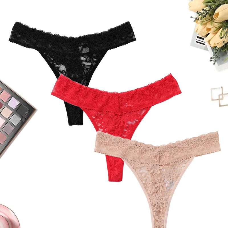 Lace low waist Brazilian panties set in black, red, and beige. Sexy lingerie for women.