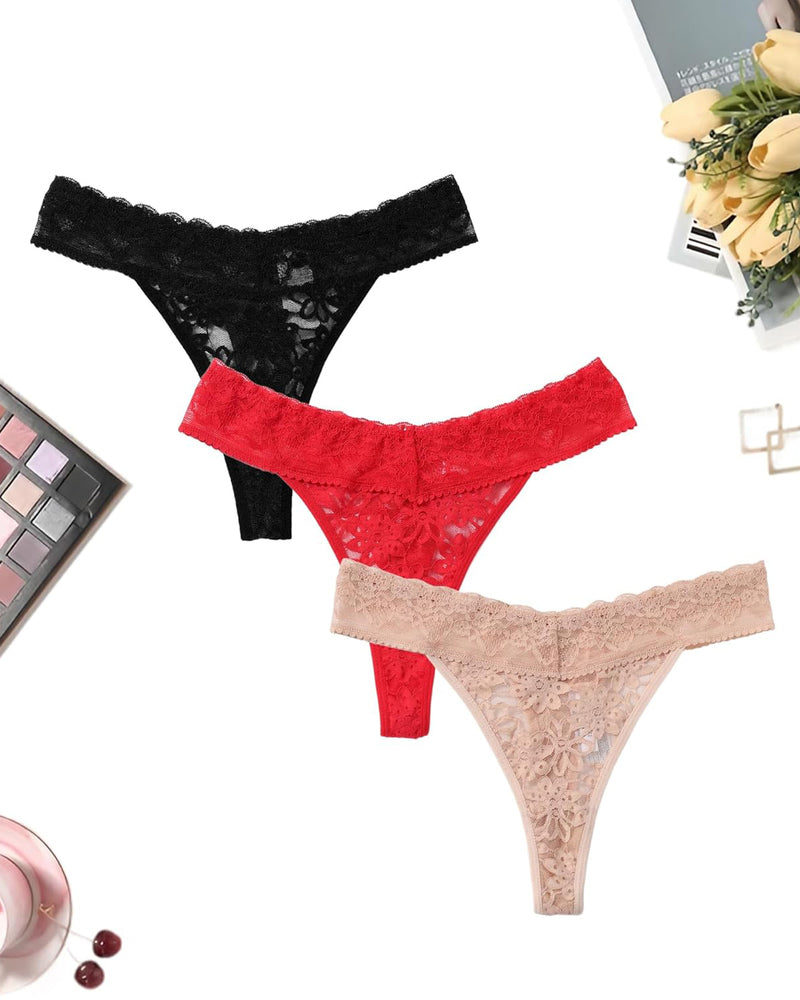 Lace low waist Brazilian panties set in black, red, and beige. Sexy lingerie for women.