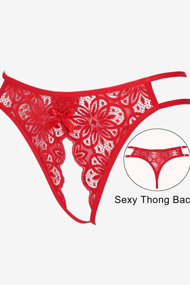 Red floral lace briefs with bow detail and sexy thong back, low-rise design