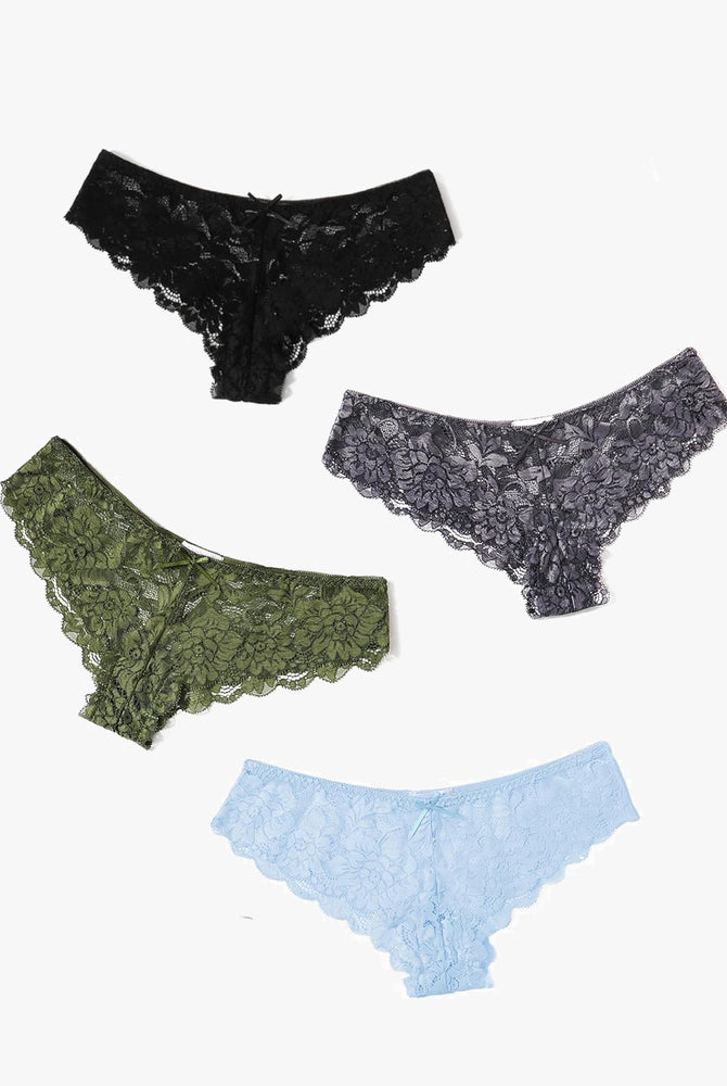 Floral lace hipster panties in black, olive green, gray, and light blue, offering comfort and style.
