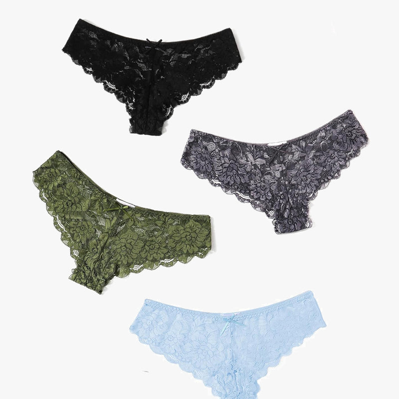 Floral lace hipster panties in black, olive green, gray, and light blue, offering comfort and style.