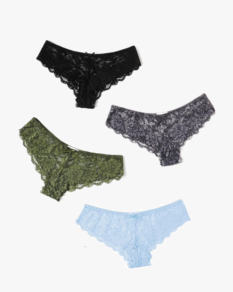 Floral lace hipster panties in black, olive green, gray, and light blue, offering comfort and style.