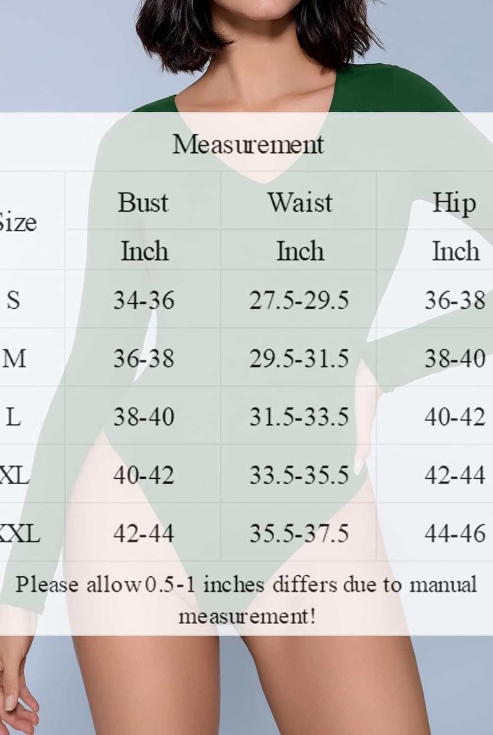 Long-sleeve bodysuit size chart showing bust, waist, and hip measurements for sizes S-XXL in inches.
