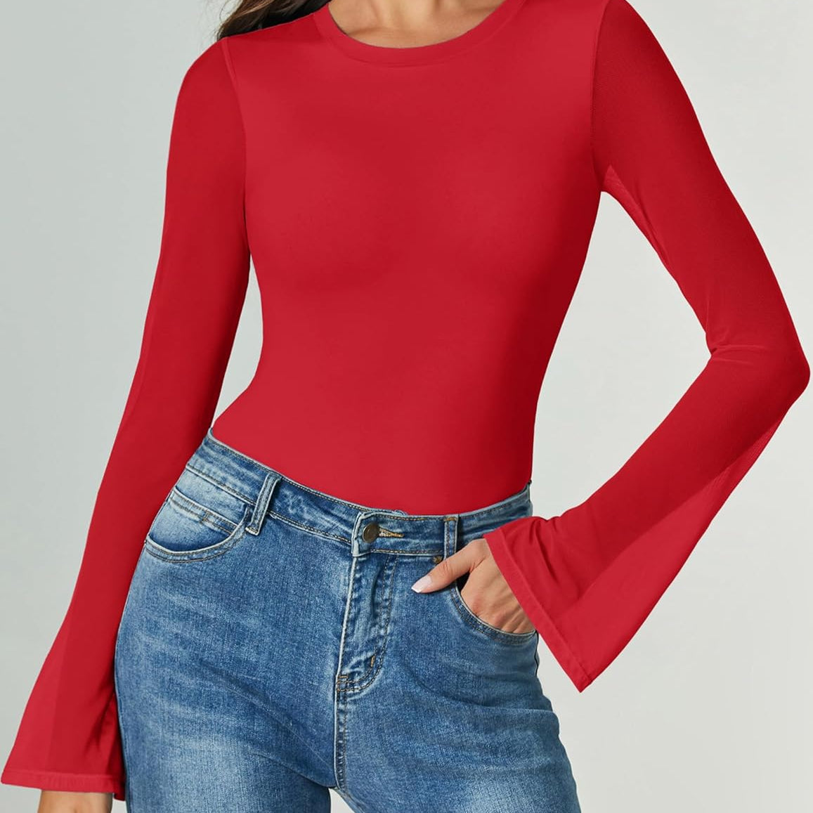 Bell Long Sleeve Bodysuits Mesh Leotard Tops