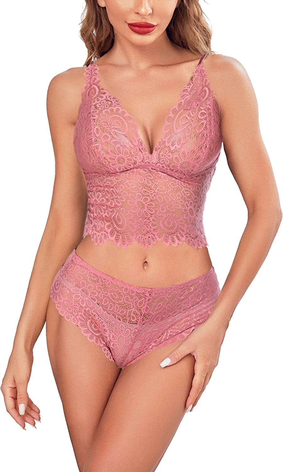 Pink lace bralette and panty set. Sexy Avidlove lingerie with adjustable straps and flattering fit.