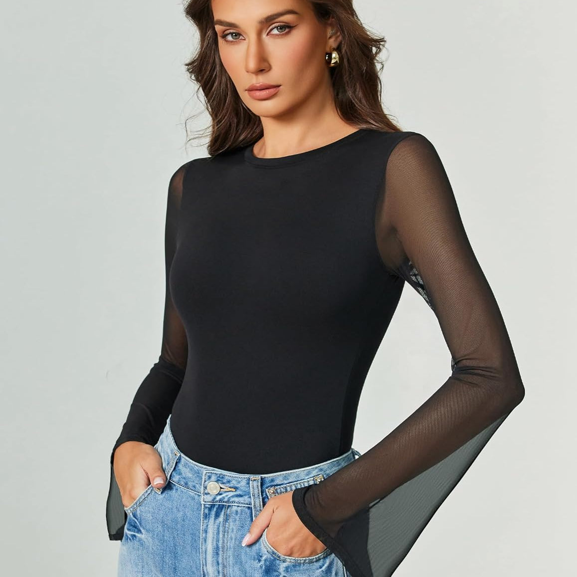 Bell Long Sleeve Bodysuits Mesh Leotard Tops