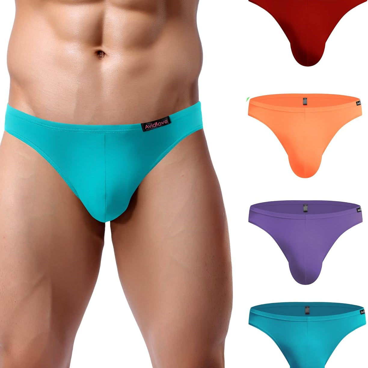 Men's low-rise hip briefs, teal, red, orange, purple
