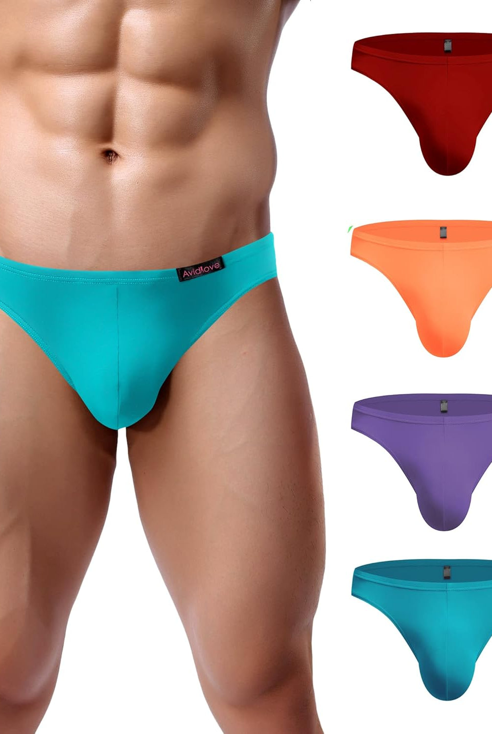 Men's low-rise hip briefs, teal, red, orange, purple