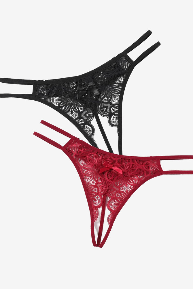 Floral lace briefs in black and red with bow detail. Sexy low-rise thong design. Avidlove lingerie.