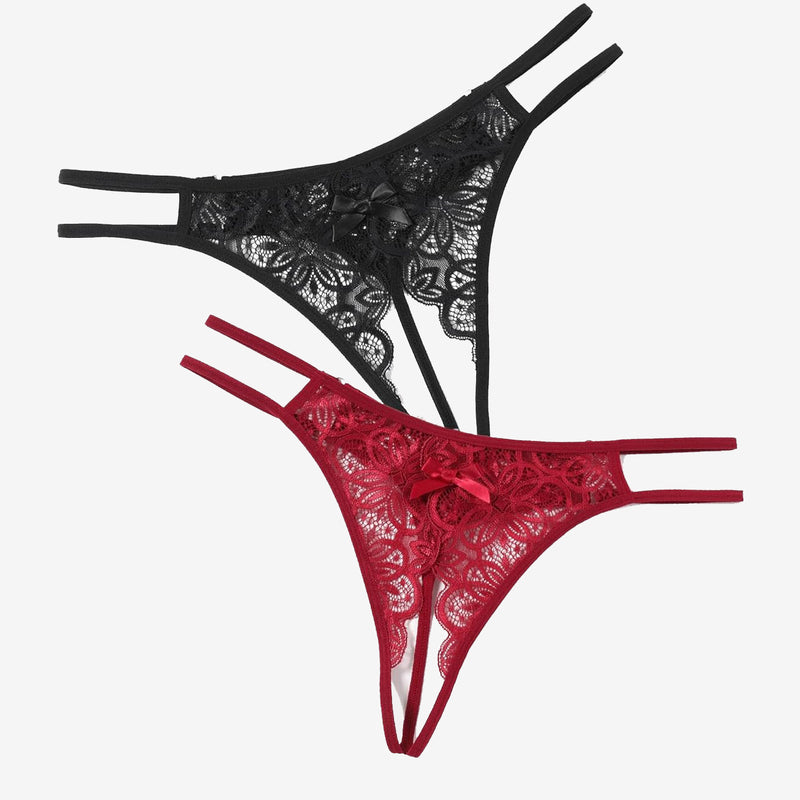 Floral lace thong briefs set with cute bow, in black and red