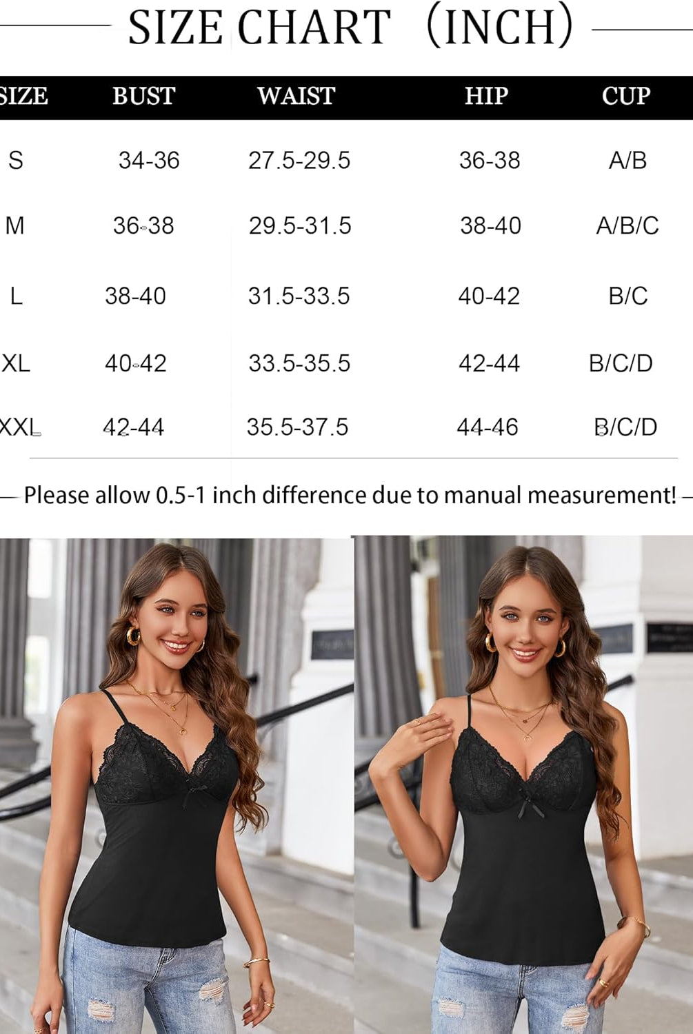 Black lace cami bralette and size chart, Y2k style tank top product detail.