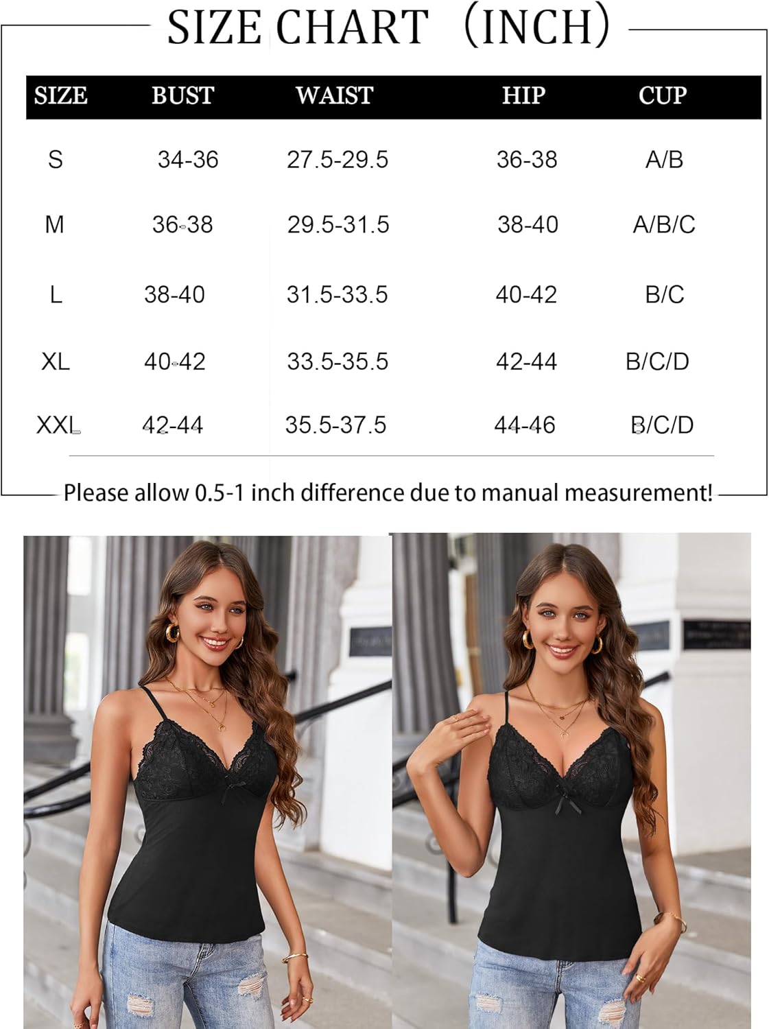 Black lace cami bralette and size chart, Y2k style tank top product detail.