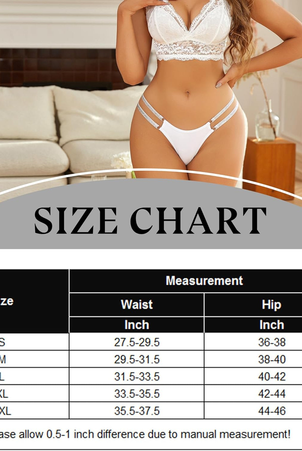 White low waist Brazilian tanga panties with flashing strap details, size chart included
