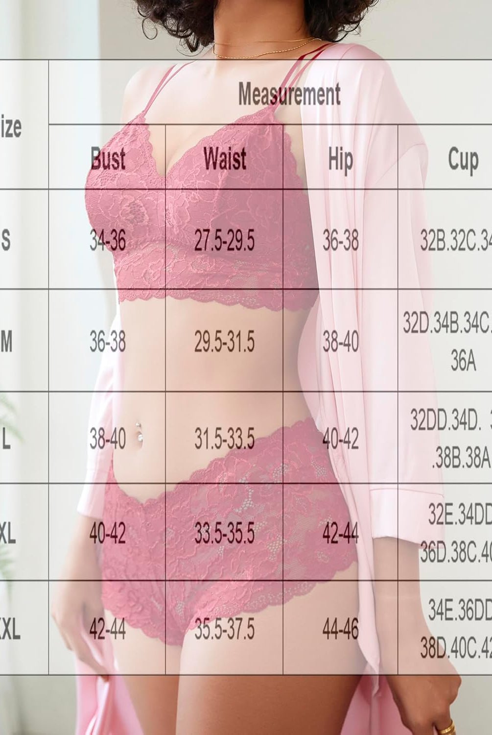 Size chart for pink floral lace bra and panty set, showing bust, waist, hip, and cup measurements.