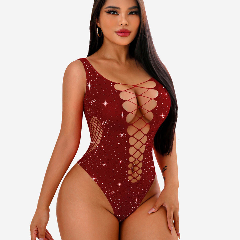 Burgundy rhinestone mesh fishnet bodysuit with lace-up front. Sexy lingerie for women.