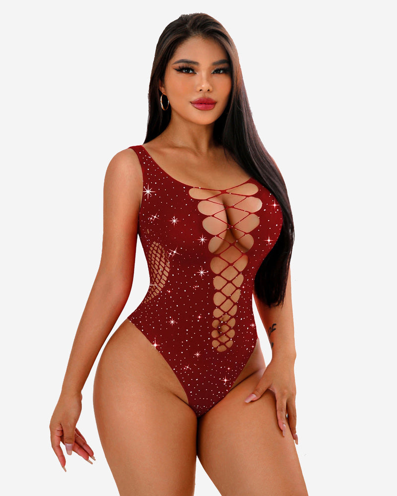 Burgundy rhinestone mesh fishnet bodysuit with lace-up front. Sexy lingerie for women.