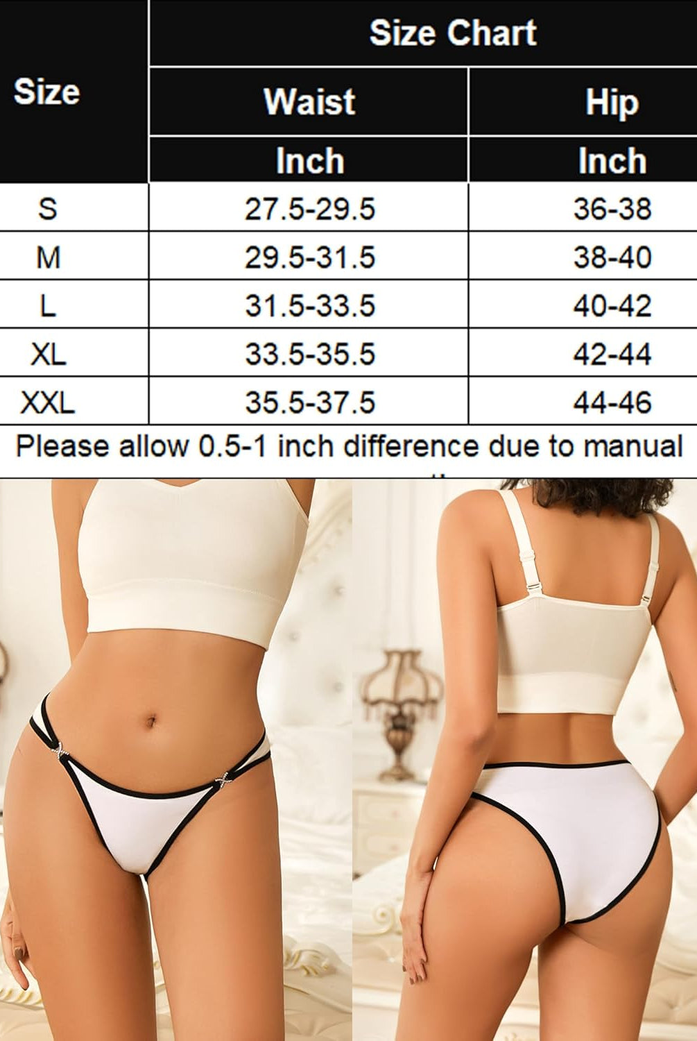White cotton hipster panties with black trim and rhinestone accents, size chart included