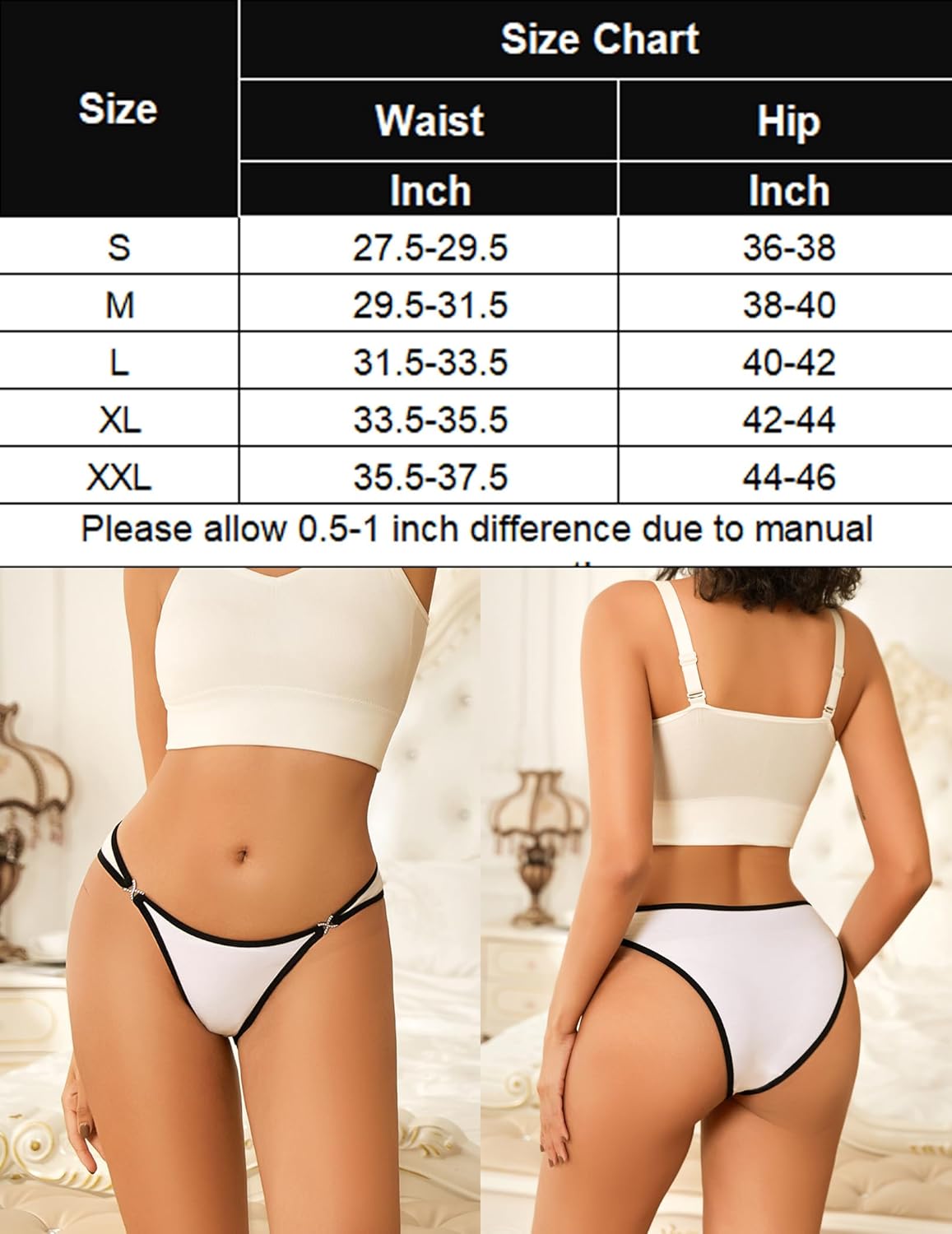 White cotton hipster panties with black trim and rhinestone accents, size chart included