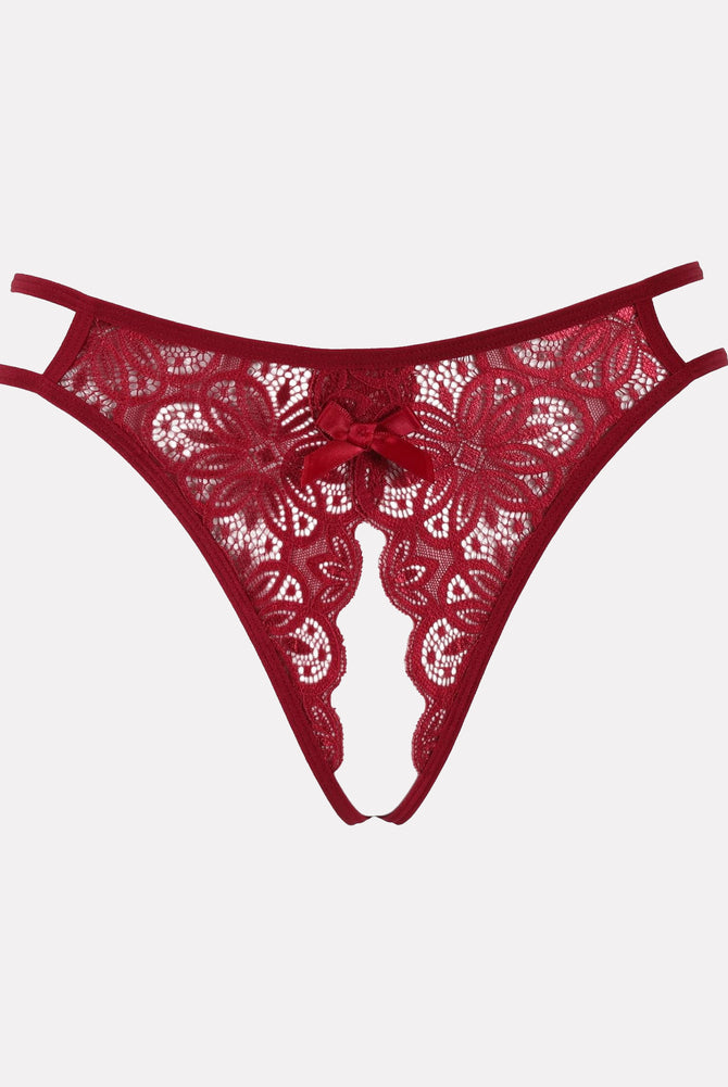 Red floral lace briefs with bow detail. Sexy low-rise design. Avidlove lingerie.