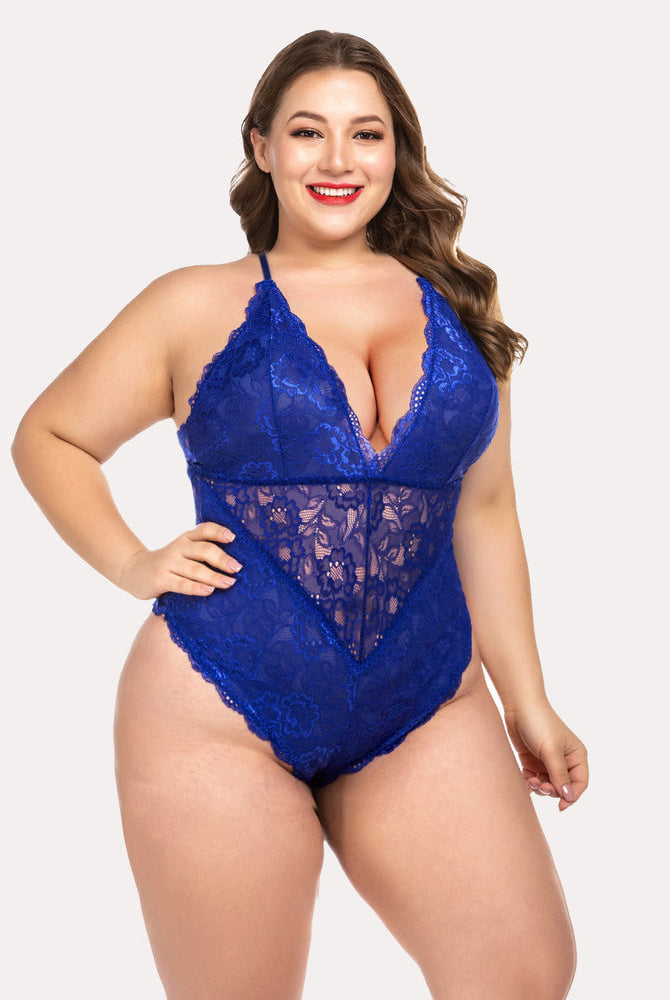 Royal blue lace bodysuit for women, deep V-neck, Avidlove sexy lingerie
