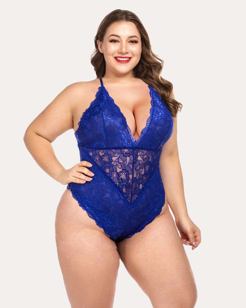 Royal blue lace bodysuit for women, deep V-neck, Avidlove sexy lingerie