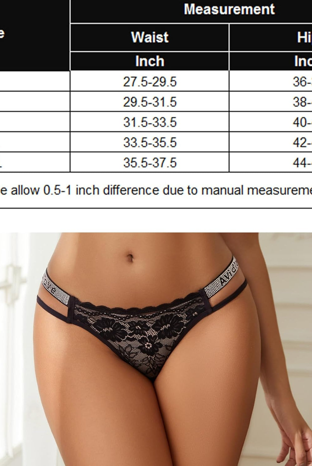 Black floral lace hipster panties with rhinestone straps, size chart included for accurate fit.