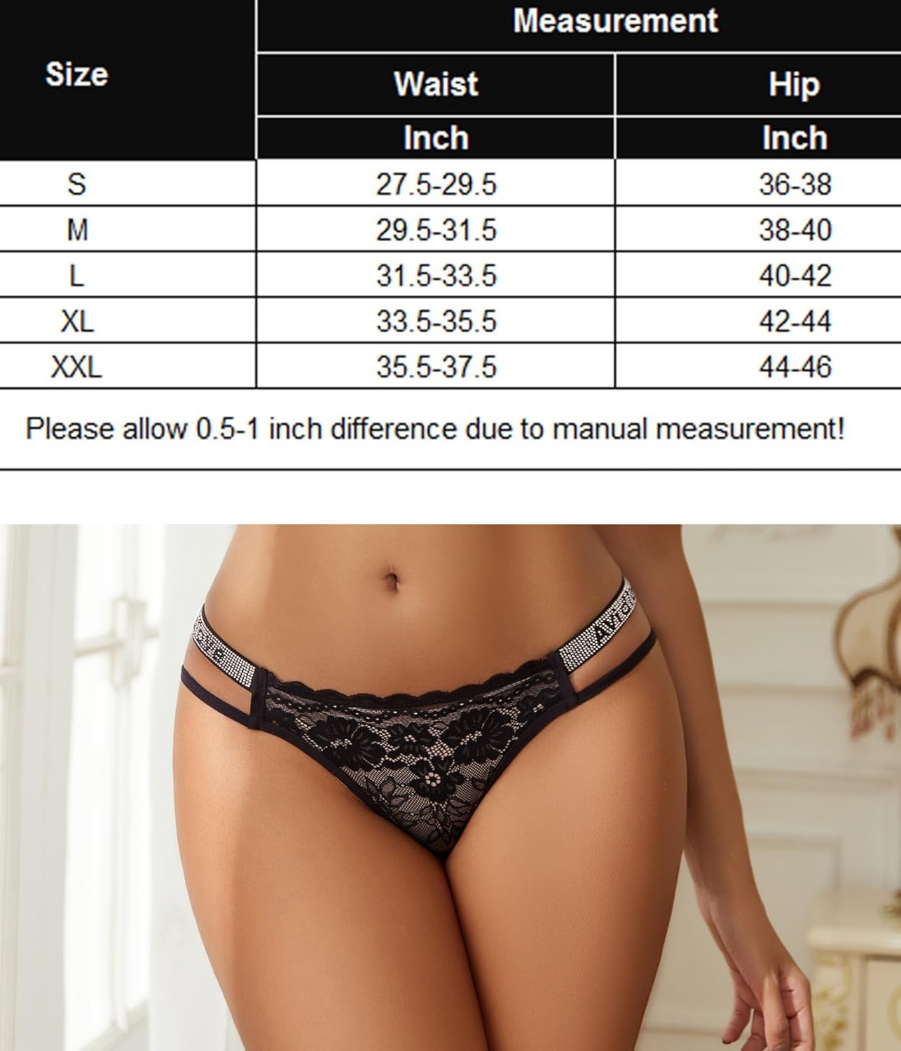 Black floral lace hipster panties with rhinestone straps, size chart included for accurate fit.