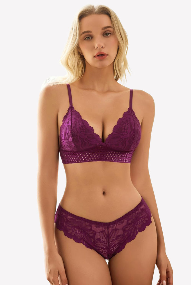 Plum floral lace bralette and panty set with adjustable straps, sexy lingerie for women
