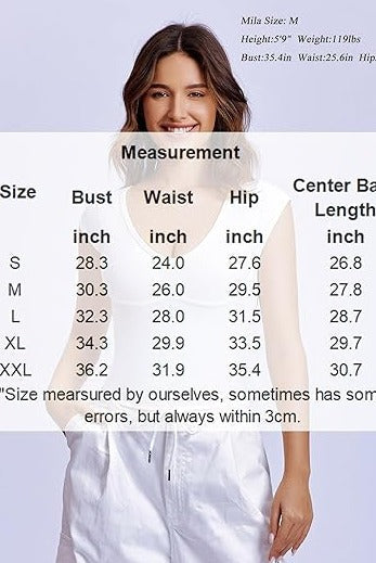White cap sleeve bodysuit, size chart with bust, waist, hip measurements, S-XXL, on a model.