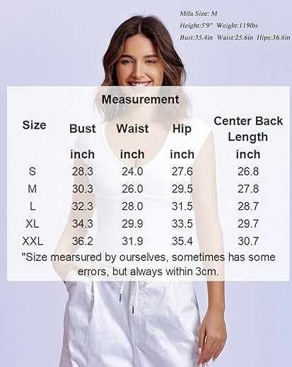 White cap sleeve bodysuit, size chart with bust, waist, hip measurements, S-XXL, on a model.